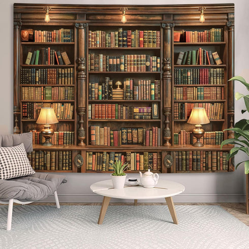 Spenlife 6080 Inches Bookshelf Tapestry Wall Hanging Vintage Library Wall Tapestry, Old Books on Shelf Classical Study