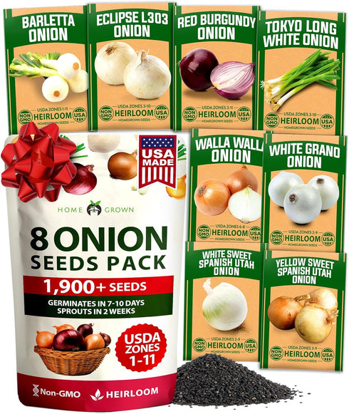 HOME GROWN 8 Onion Variety Mix 1600+ Heirloom Non-GMO Seeds for Planting,