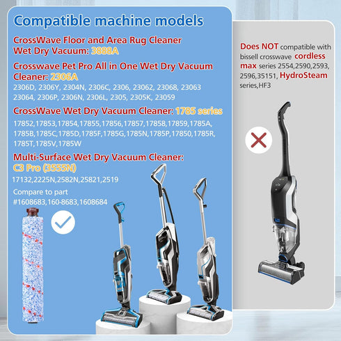 Brush Filter Replacement for Bissell CrossWave Floor Cleaner 3888A 2306A 1785 Series, 2 Multi Surface Brush + 2 Filter