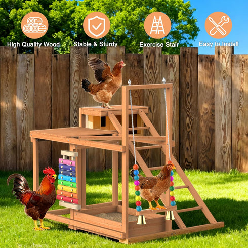 Chicken Coop, Chicken Perches with Swing Toy & Ladder & Platforms & Food Storage, Poultry Coop Cage Accessory Toy