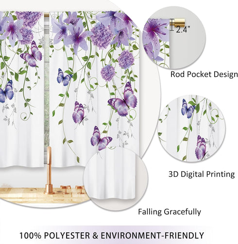 Purple Floral Butterfly Kitchen Curtains, Rustic Flower Small Short Cafe Window Drapes, 27.5x39 Inch