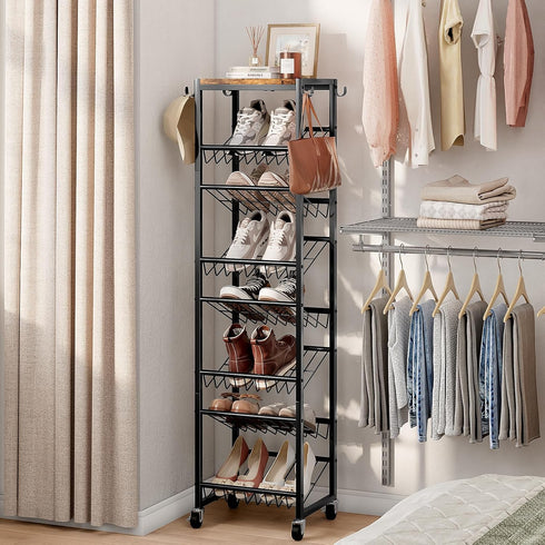 8 8-16 Closet Tier Rotating Vertical Shoe Rack Tower, Wooden Tall Shoe Storage Organizer with Hooks, Sturdy Metal