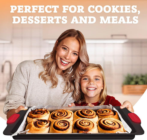 Set of 3 Premium Non-Stick Baking Sheets - Deluxe BPA Free Bakeware Pans with Easy to Clean Silicone Handles