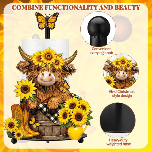 Summer Countertop Sunflower Highland Cow Paper Towel Holder Sunflower Floral Cattle Kitchen Bathroom Decor Farmhouse