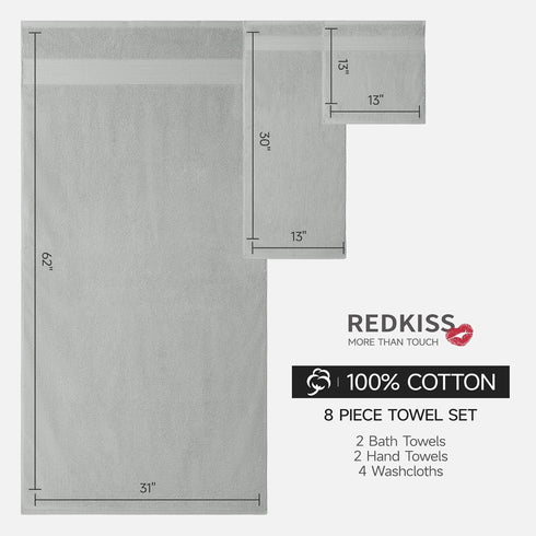 8 Set 100% Set 2 2 4 600 Sets, REDKISS Piece Grey Towels - Cotton Towels with Large Bath Towels, Hand, Washcloths, GSM