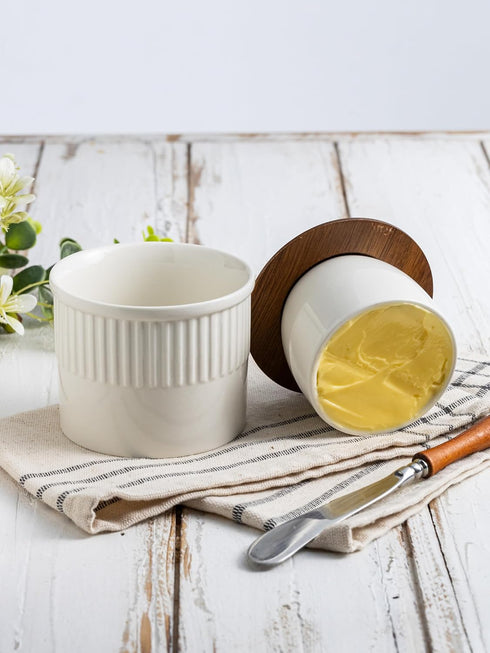 Countertop, Ceramic Butter Crock, Butter Dish with Lid for French Butter Keeper, Classic Stripe Pattern, White