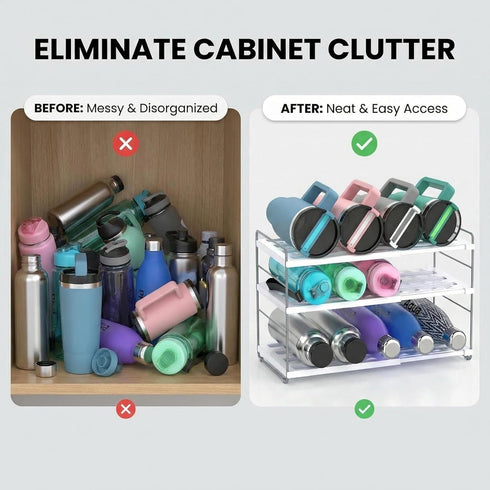 3 (2 Pack) YAN & HIN Expandable Water Bottle Organizer for Cabinet, Tier Tumbler Organizer, Adjustable Bottle Holder
