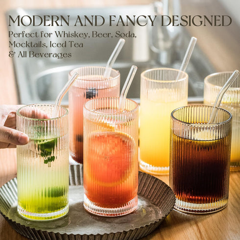 Set 16 Oz Set (6Pcs) KEMORELA Ribbed Glassware of, Origami Style XL Drinking Glasses with Straws, Vintage Glassware