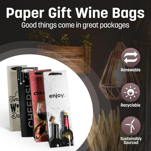 Tirrinia Wine Gift Bags - 12pcs in 4 Designs, Bulk Set for Weddings, Parties, Holidays, Christmas