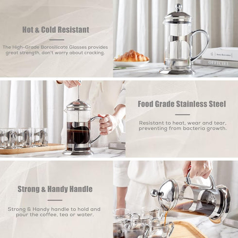 DUJUST Silver French Press Coffee Maker, Luxury Design with 4-Level Filter System, 34oz