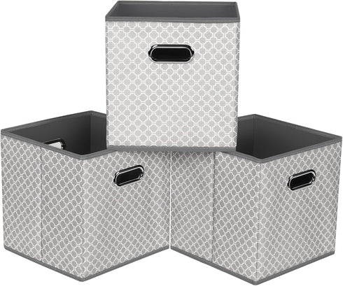 Fabric Storage Bins Cubes, Foldable Organizer with Handle, 11x11x11 Light Grey Cube Bins for Cloth Storage (Set of 3)