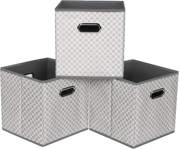 Fabric Storage Bins Cubes, Foldable Organizer with Handle, 11x11x11 Light Grey Cube Bins for Cloth Storage (Set of 3)