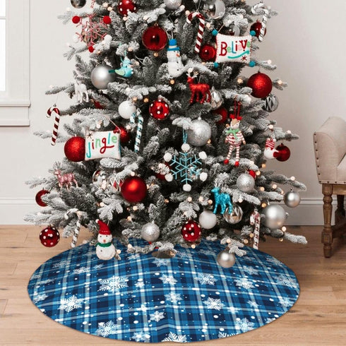 Christmas Tree Skirt, 48 inches Blue Buffalo Plaid with White Snowflake for Holiday Party Decorations