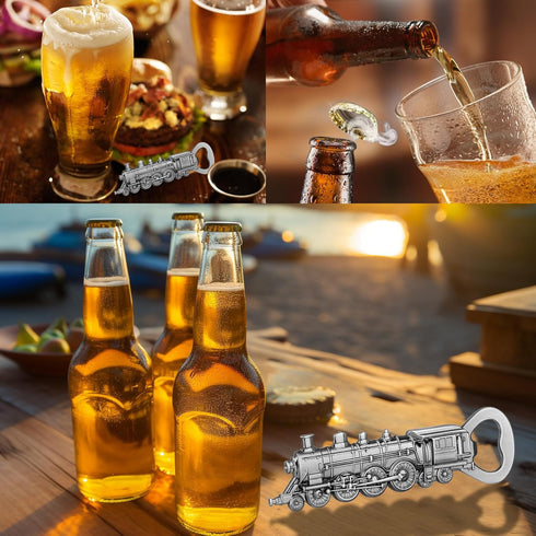 Steam Train Bottle Opener, Unique Beer Opener for Men, Dad, Boyfriend, Birthday Gifts, Silver Locomotive with Black
