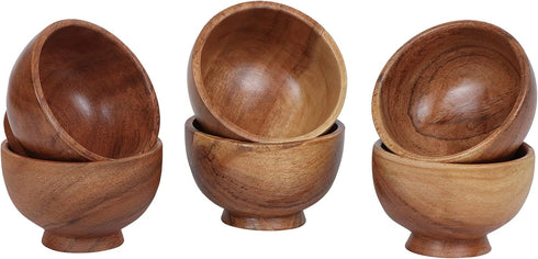 Set of 6 Acacia Wood Small Bowls, 4 fl oz Hand Carved Wooden Kitchen Mini Cups for Dipping Sauce, Salsa, Condiments