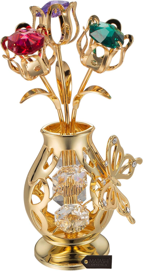 Matashi 24k Gold Plated Flower Bouquet & Vase for Mom with Colorful Crystal Butterfly Figurine, Elegant Home Decorations