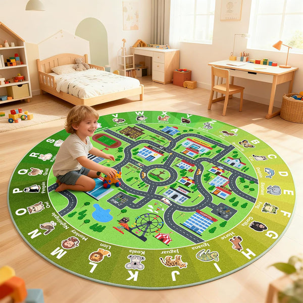 Kids City Road Car Play Rug Round ABC Alphabet Educational Play Mat,47x47''