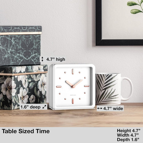 Driini Modern Mid Century Desk & Shelf Clock, White Rose Gold, Battery Operated with Silent Analog Movement