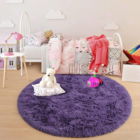 6x6 junovo Round Rug Feet Fluffy Soft Area Rugs for Kids Girls Room Princess Castle Plush Shaggy Carpet Cute Circle