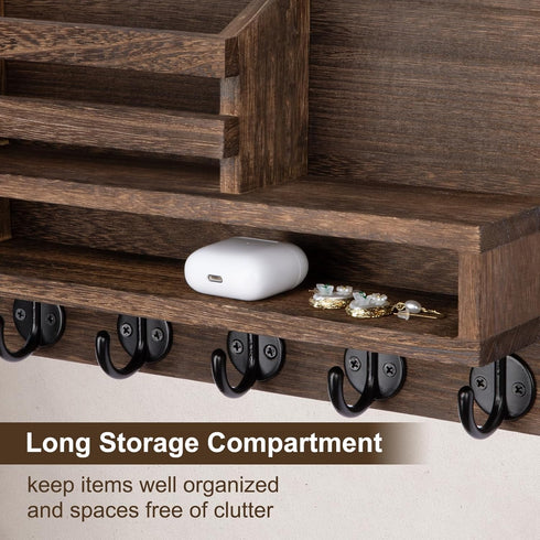 Key and Mail Holder Wall Mount, Key Hanger with Long Storage Box and 5 Hooks for Home Decor Organizer