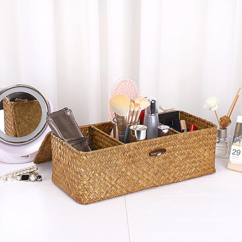 Hipiwe Seagrass Storage Basket Bin with Lid, Rectangular Woven Shelf Baskets with 3-Section Toilet Paper Holder for