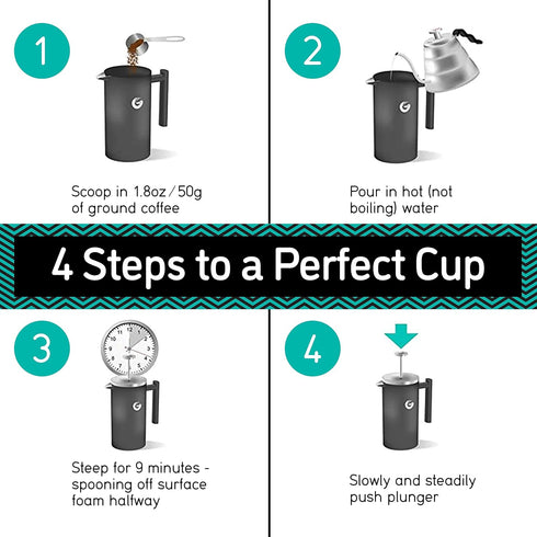 Coffee Gator French Press Coffee Maker, Thermal Insulated Brewer with Travel Jar, 34oz, Double Wall Stainless Steel