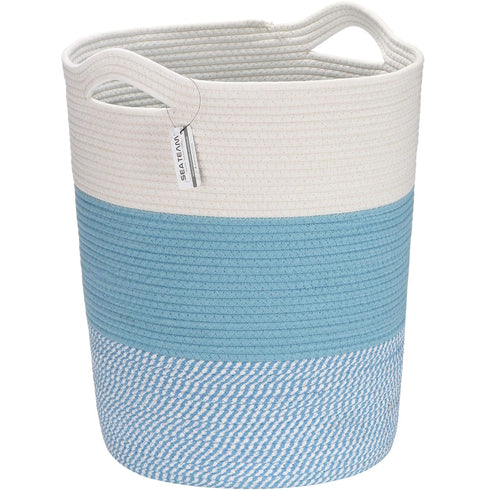 Sea Team Large Cotton Rope Woven Storage Basket with Handles, 20 x 14 inches, Round Design, White & Mottled Blue
