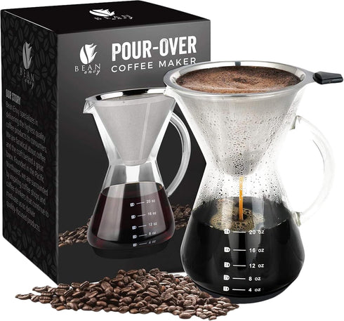 Bean Envy Pour Over Coffee Maker - 5 Cup Borosilicate Glass Carafe with Rust Resistant Stainless Steel Filter