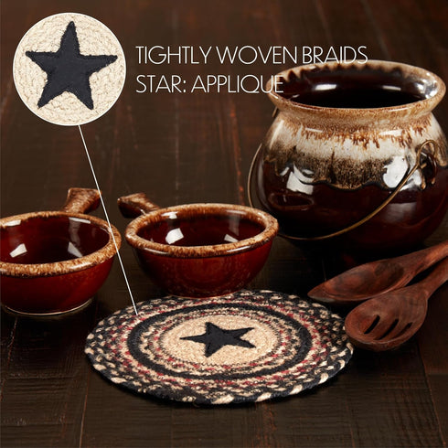 VHC Brands Colonial Star Trivet Hot Pad for Pots and Pans, Tan Black Red, Round Circle, 8 Inches