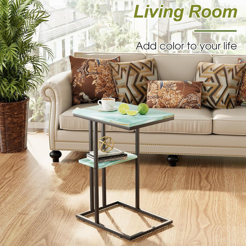 Katrawu C Shaped End Side Table, Couch Sofa Table for Small Space, Snack Table with Metal Frame, TV Tray Table for Bed