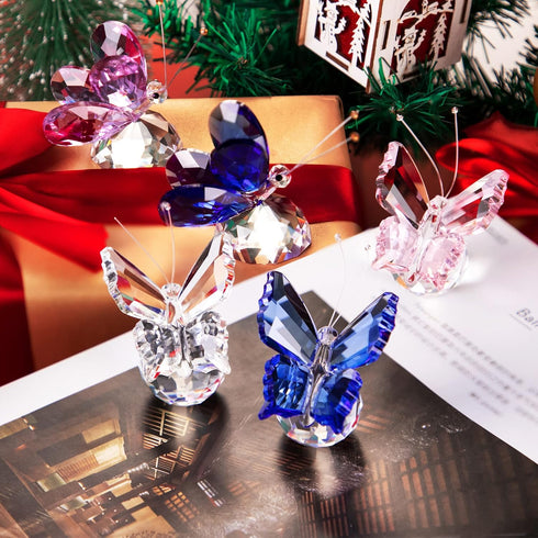 H&D Crystal Flying Butterfly Figurine with Crystal Ball Base, Cut Glass Ornament, Collectible (Blue)