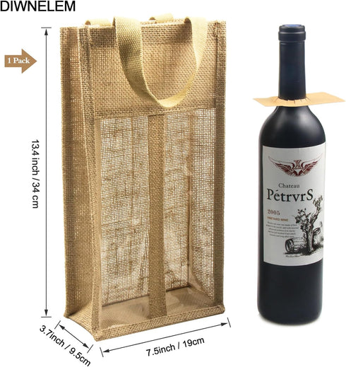 DIWNELEM 1 Pack Burlap Wine Gift Bags, Double Window Two Bottles Jute Bag for Wedding, Party Favors, Christmas