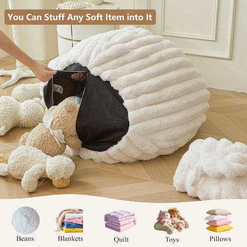 MEGO Kids Fluffy Faux Rabbit Fur Bean Bag Chair Cover(No Filler), Light Purple Plush Striped Stuffed Animal Storage