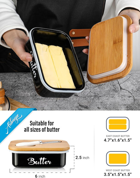 Butter Dish with Lid for Countertop, AISBUGUR Metal Butter Keeper with Stainless Steel Multipurpose Butter Knife, Large Butter Container with Double High-quality Silicone Good Kitchen Gift Black