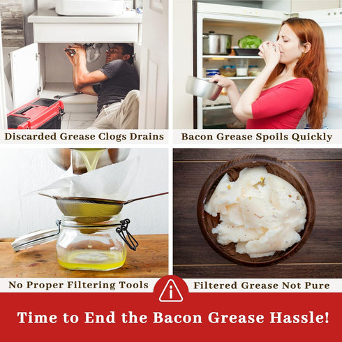 24oz Ayerphalo Bacon Grease Container with Strainer - With Food-Grade Silicone Spatula, Enamel Rustic Farmhouse Fat