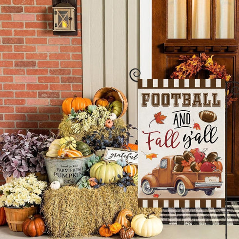 Welcome Thanksgiving Fall Garden Flags - FOOTBALL and Fall Y'all Truck with Maple Leaves, 12x18 Inch Outdoor Decor