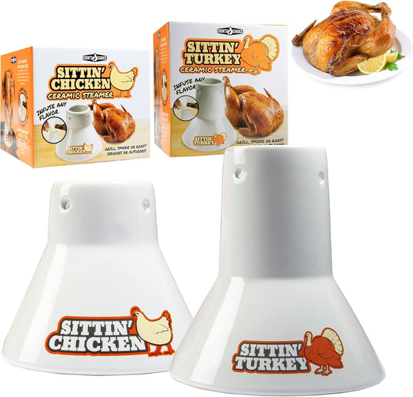 Sittin' Turkey & Chicken Combo 2 Pack- Ceramic Roaster for BBQ, Oven,