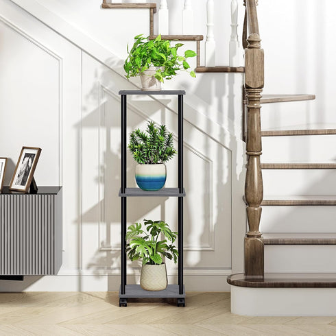 3 HAYOFAMY Tier Tall Plant Stand Indoor with Wheels, Movable Plant Shelf Metal Wood Multiple, Flower Pot Holder