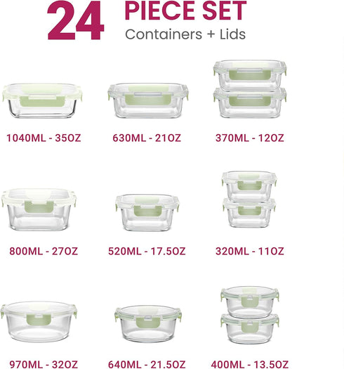 FineDine 24 Piece Glass Storage Containers with Lids - Leak Proof Dishwasher Safe Food Storage for Meal Prep