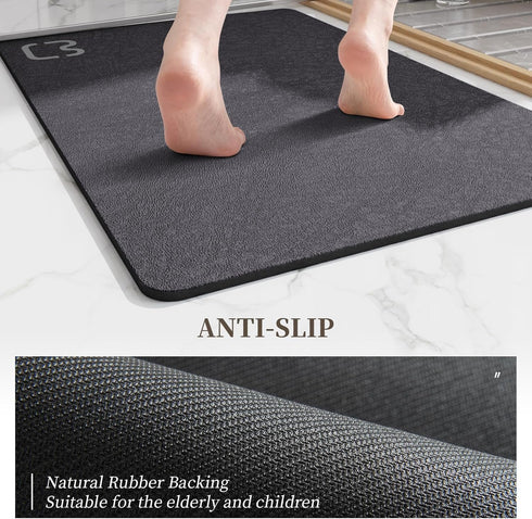 Diatomaceous Earth Bath Mat Rugs, Quick Dry Non Slip Rubber Bottom Bathroom Mat, 15.7" x 23.6", Dark Grey