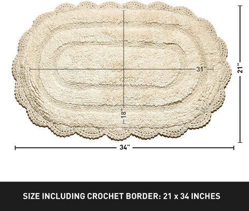 Chardin Home Ivory Crochet Bathrug, 100% Cotton Oval Bathmat with Handcrafted Crochet Border, 21x34 Inch