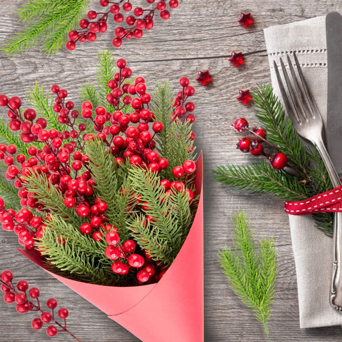 WXJ13 30 Pieces Artificial Pine Branches Christmas Holly Berries Artificial Red Berry Stems for Christmas Wreath