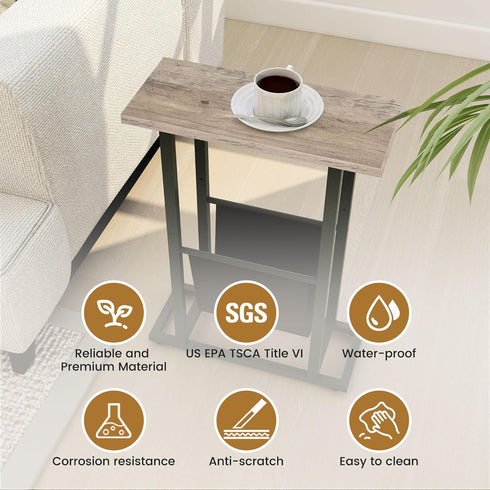 FLYJOE Narrow Side Table with PU Leather Magazine Holder Rustic Slim Little Thin Table for Living Room, Bedroom, Sofa