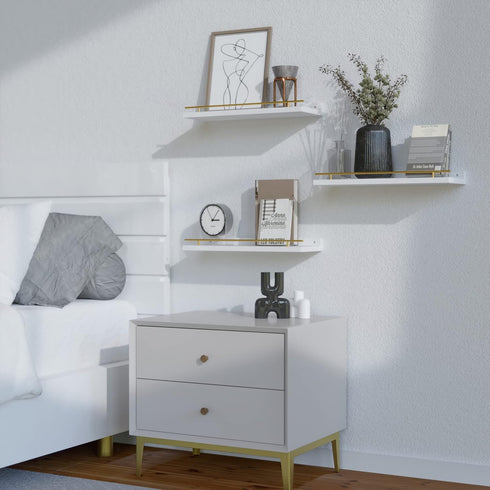 Set 3, WOPITUES Floating Shelves with Gold Metal Guardrail, Shelves for Wall Decor of Wall Shelves for Bedroom
