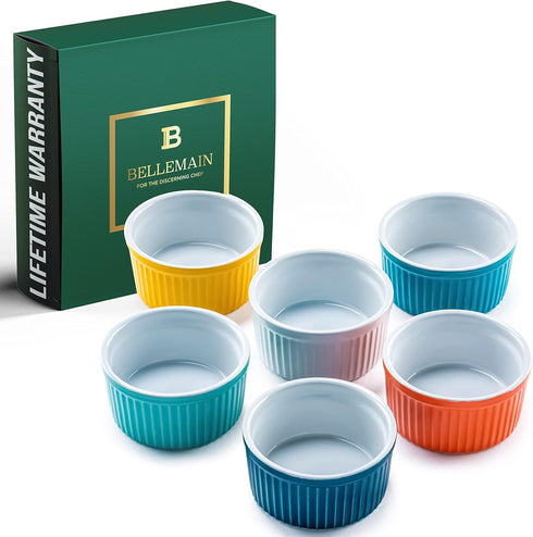 Bellemain 4 oz Porcelain Mini Bowls | Ramekins, Custard Cups, Small Baking Dish, Dipping Sauce Bowls, Set of 6 (Multi)