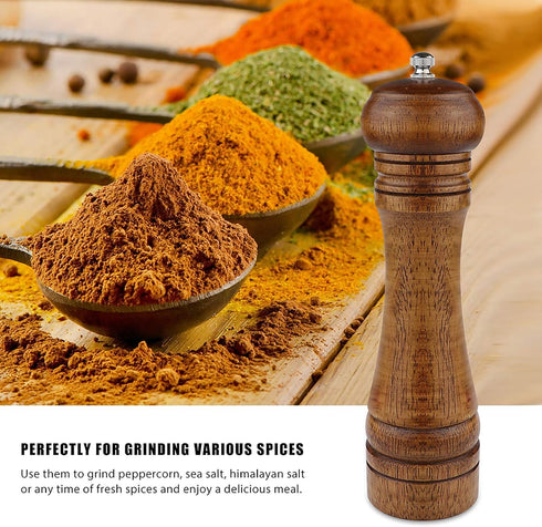 8 Inch Oak Wooden Pepper Mill Grinder - Refillable with Adjustable Coarse to Fine (1 Pack)
