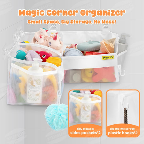 3 Compartments Bath Toy Storage Corner Bath Toy Holder for Bathtub, Kids Tub Toys Organizer with Adhesive Hooks
