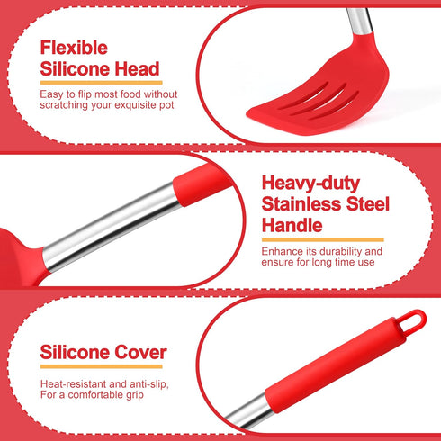P&P CHEF Red Cooking Utensils Set of 4, Heat-proof Silicone Turner Spoon for Nonstick Cookware, Dishwasher Safe