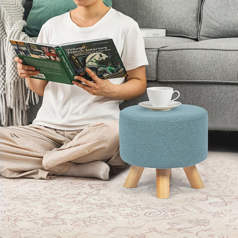 Asense Small Round Ottoman Foot Rest Stool Fabric Padded Seat Footstool Ottoman with Anti-Slip Wooden Legs (Light