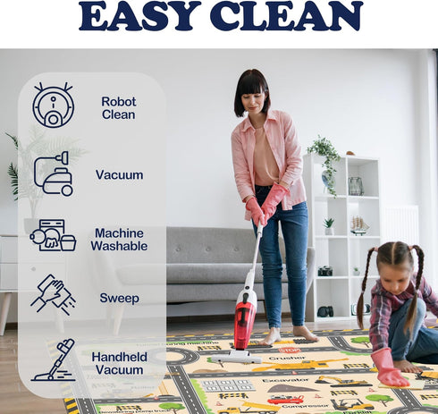 Construction Site Play Rug for Kids - Interactive Engineering Vehicles Faux Wool Carpet with Excavator & Digger Design